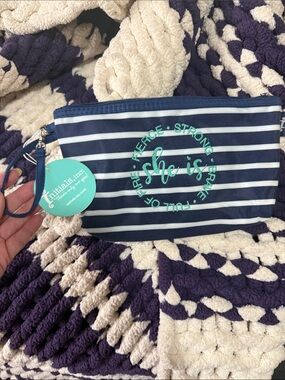 Initials, Inc. Navy & White Striped 'She Is' Cosmetic Wristlet